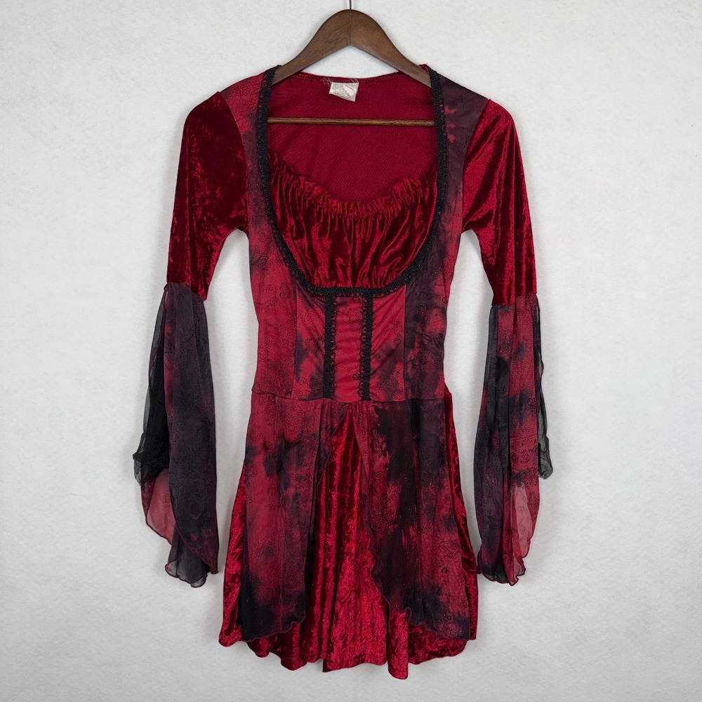 Wicked Devil Costume Dress Womens O/S Red Velvet Mesh Bell Sleeve Gothic